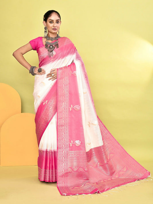 Joban Fashion White & Rani Pink Plain With Weaving Border Banarasi Silk Sarees | Swadesiicart