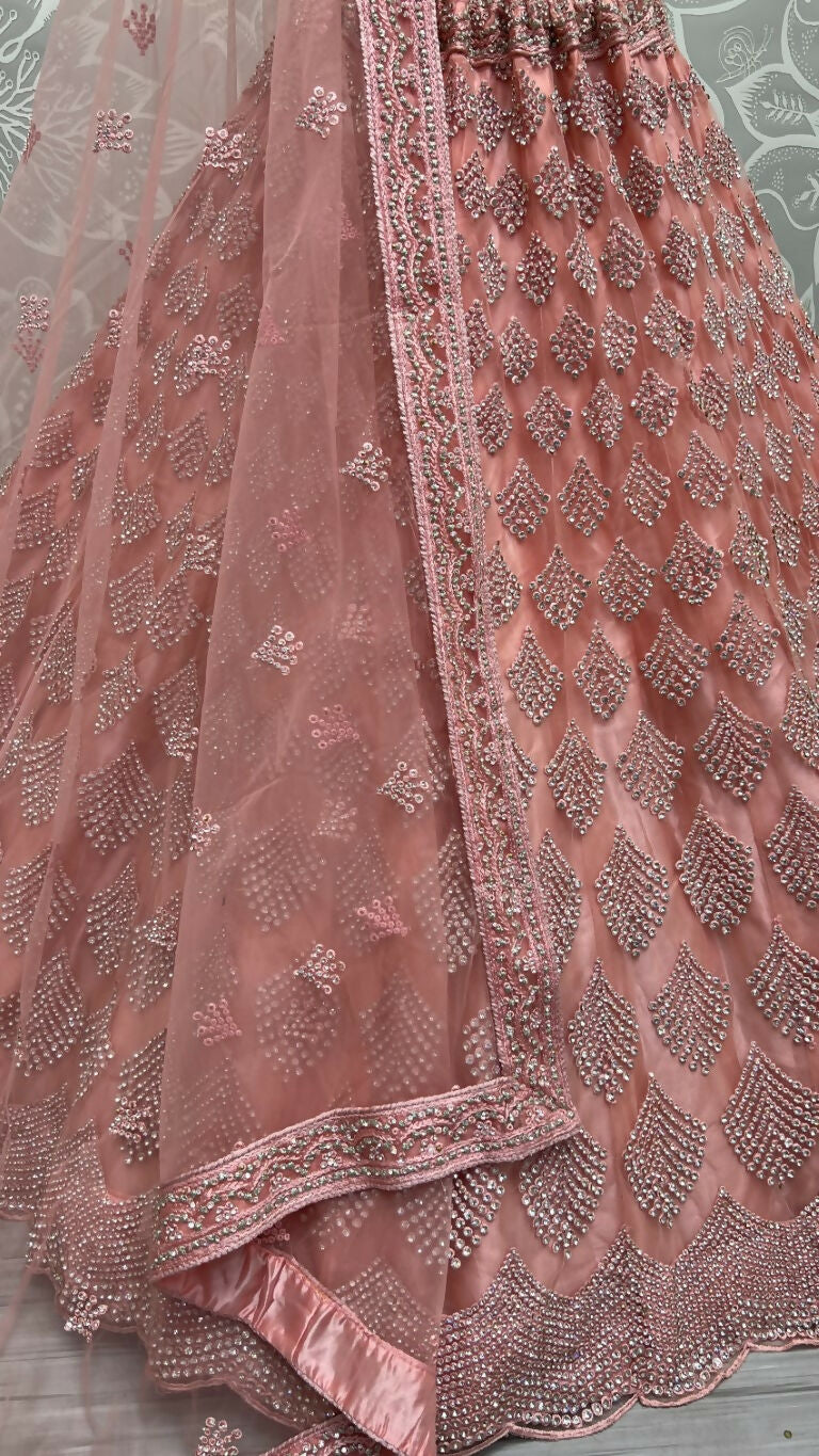 Jyoti Fashion Women's Pink Bridal Net Fancy Dori & Multi Thread Embroidered with Zircon Diamond Work Wedding Lehenga Choli | Swadesiicart