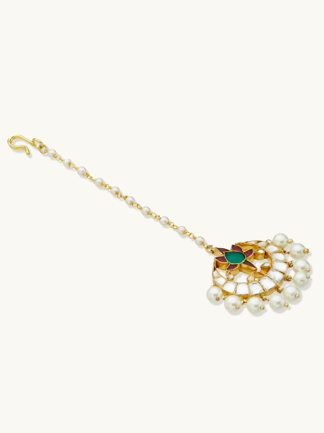 Nuyug 22K Gold-Plated Green Stone & Kundan Studded with Pearl Drop Maang Tikka Head Jewellery | Swadesiicart