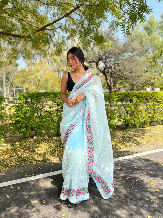 Vamsee Sky Blue Organza Saree - Swadesiicart