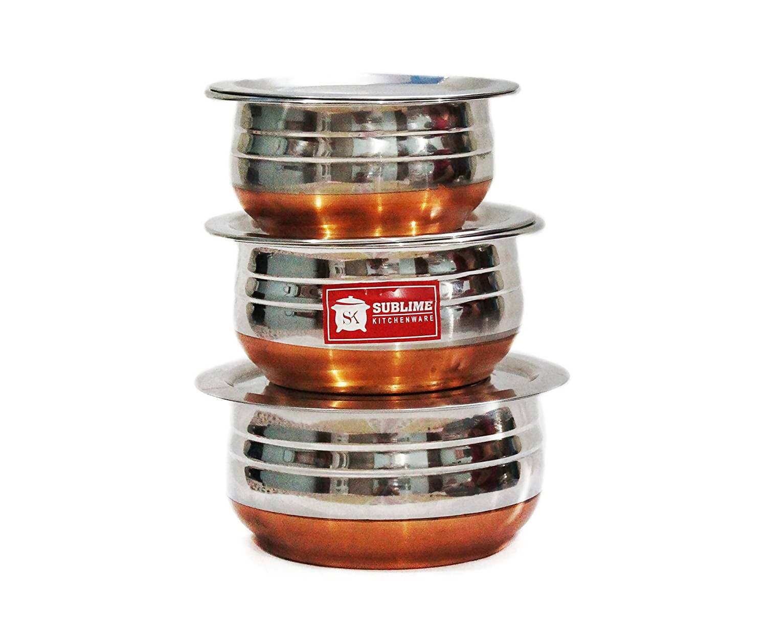 Sublime Kitchenware Set of 3 Stainless Steel Copper Bottom Handi with Lid - Swadesiicart