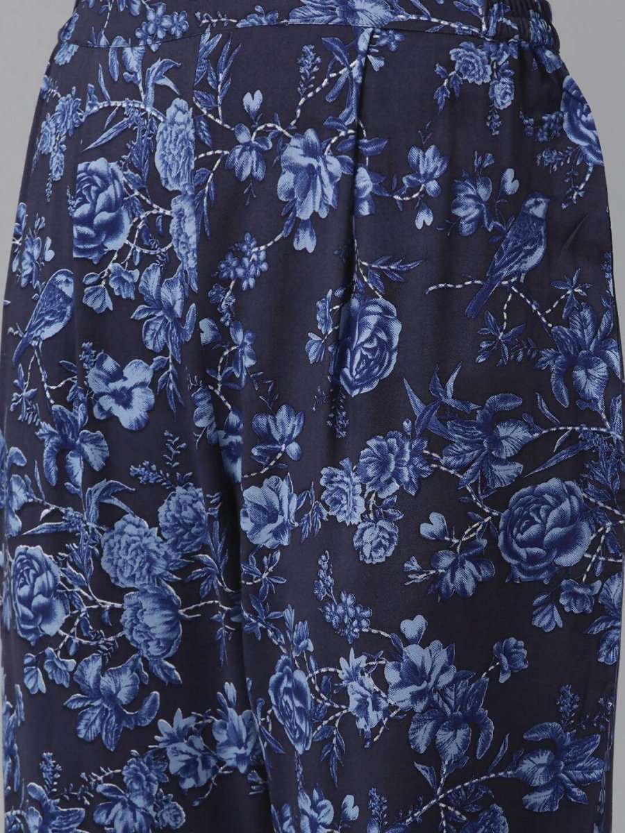 Ahalyaa Women Navy Blue Rayon Wax Printed Angrakha Gotta Patti Tunic With Trousers | Swadesiicart
