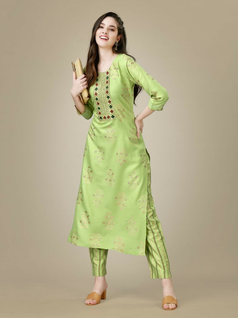 Jyoti Fashion Women's Light Green Rayon Embroidered Kurta Pant Set | Swadesiicart