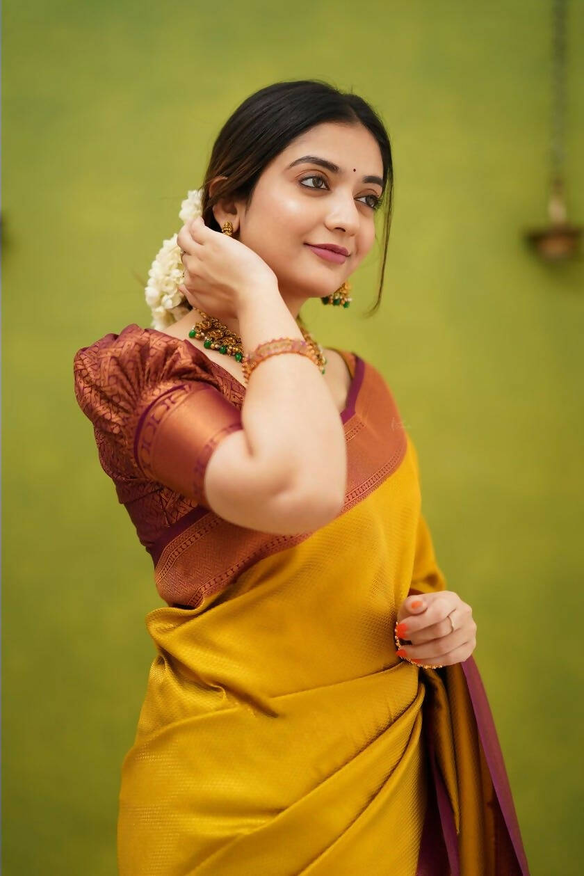 DEIANA'S Beautiful Designer Golden zari Soft Lichi Silk Saree - Yellow - Swadesiicart