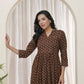 Vaasva Brown Boonta Cotton Printed Gathered Kurti With Pant - Swadesiicart