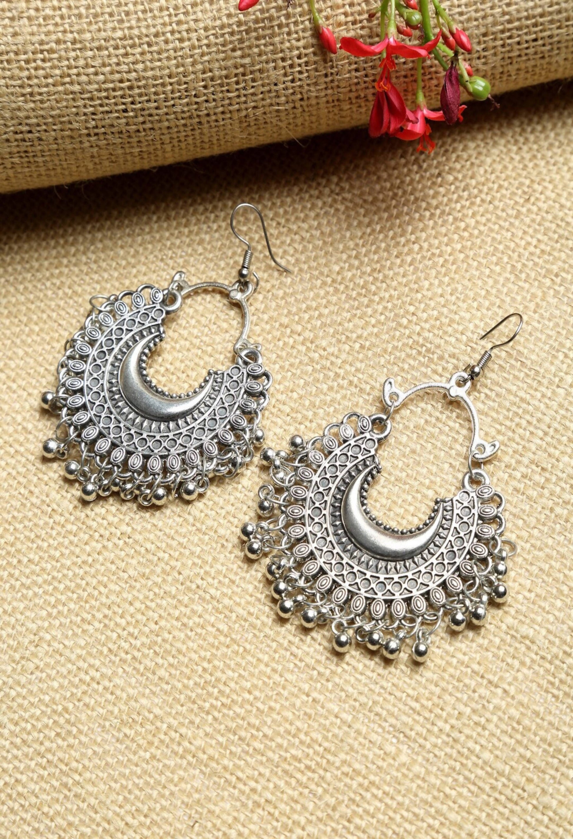 Mominos Fashion Johar Kamal Oxidised Silver-Plated Chandbali Earrings - Swadesiicart
