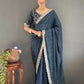 Vastranavya Sea Blue Georgette Silk Swarovski & Heavy Lace Work Ready to Wear Saree | Swadesiicart