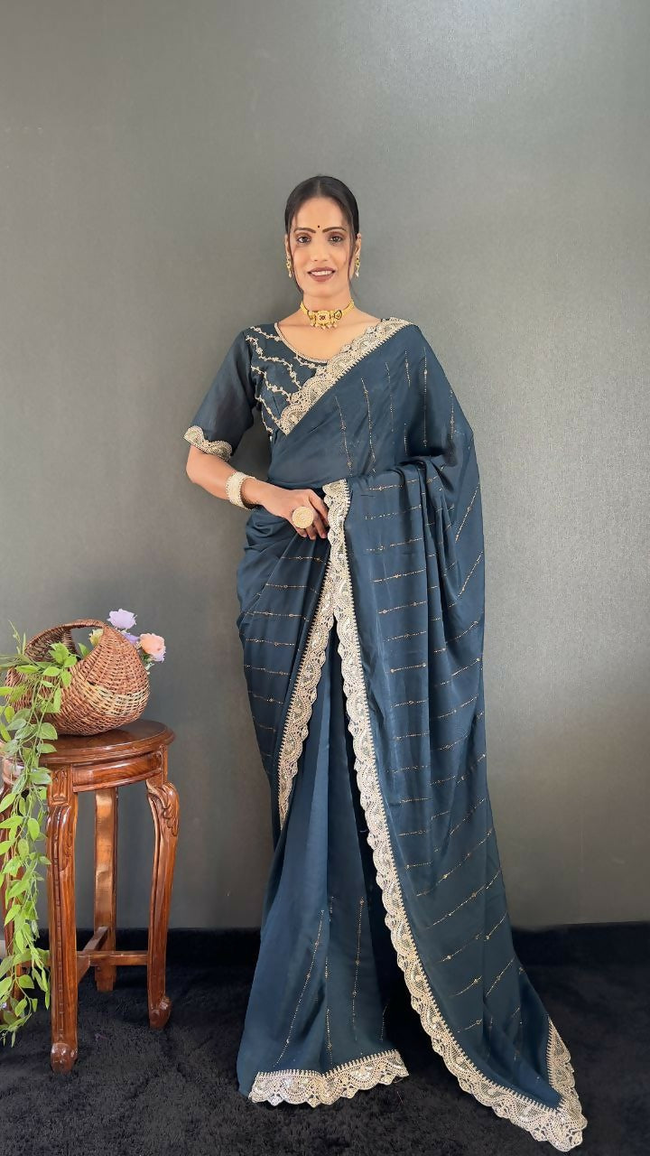 Vastranavya Sea Blue Georgette Silk Swarovski & Heavy Lace Work Ready to Wear Saree | Swadesiicart
