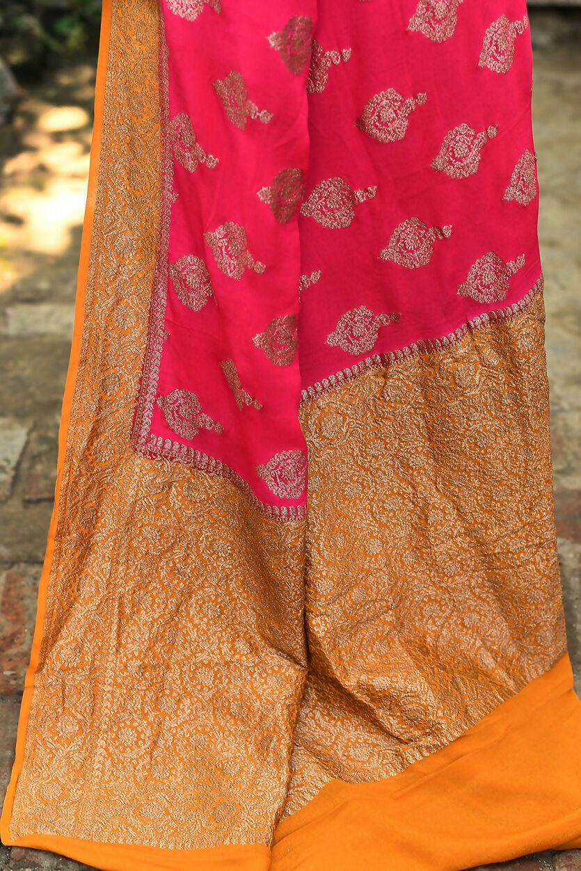 Joban Fashion Bright Pink Crepe Chiffon Pure Handloom Banarasi Silk Saree | Swadesiicart