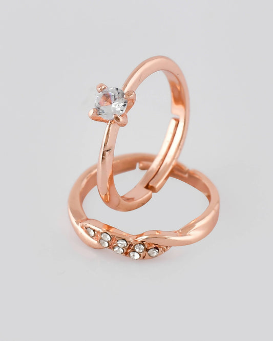 VOJ Stainless Steel Cubic Zirconia Rose Gold-Polished Adjustable Ring Set for Couple | Swadesiicart
