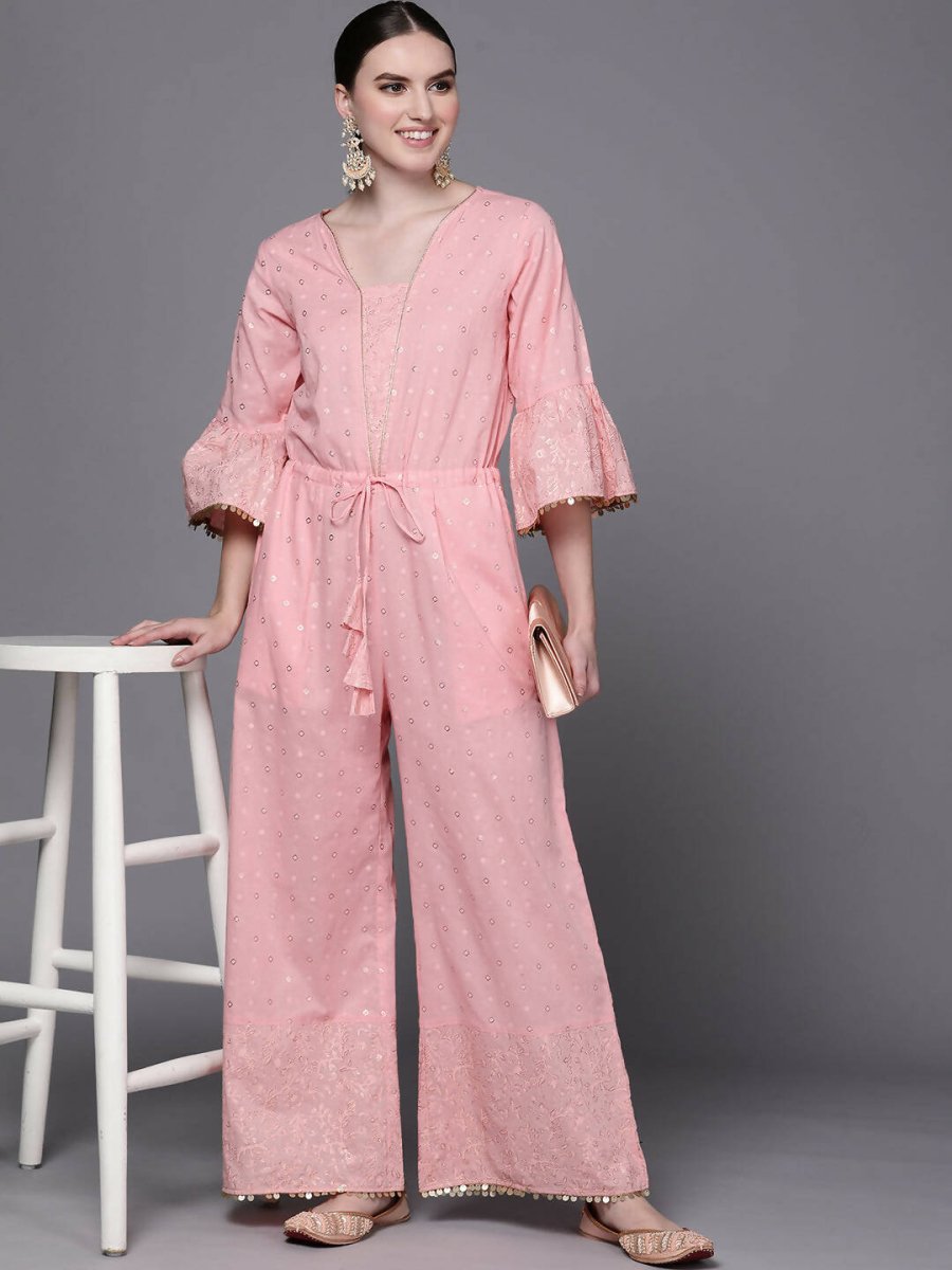 Ahalyaa Women Pink Printed Basic Jumpsuit - Swadesiicart