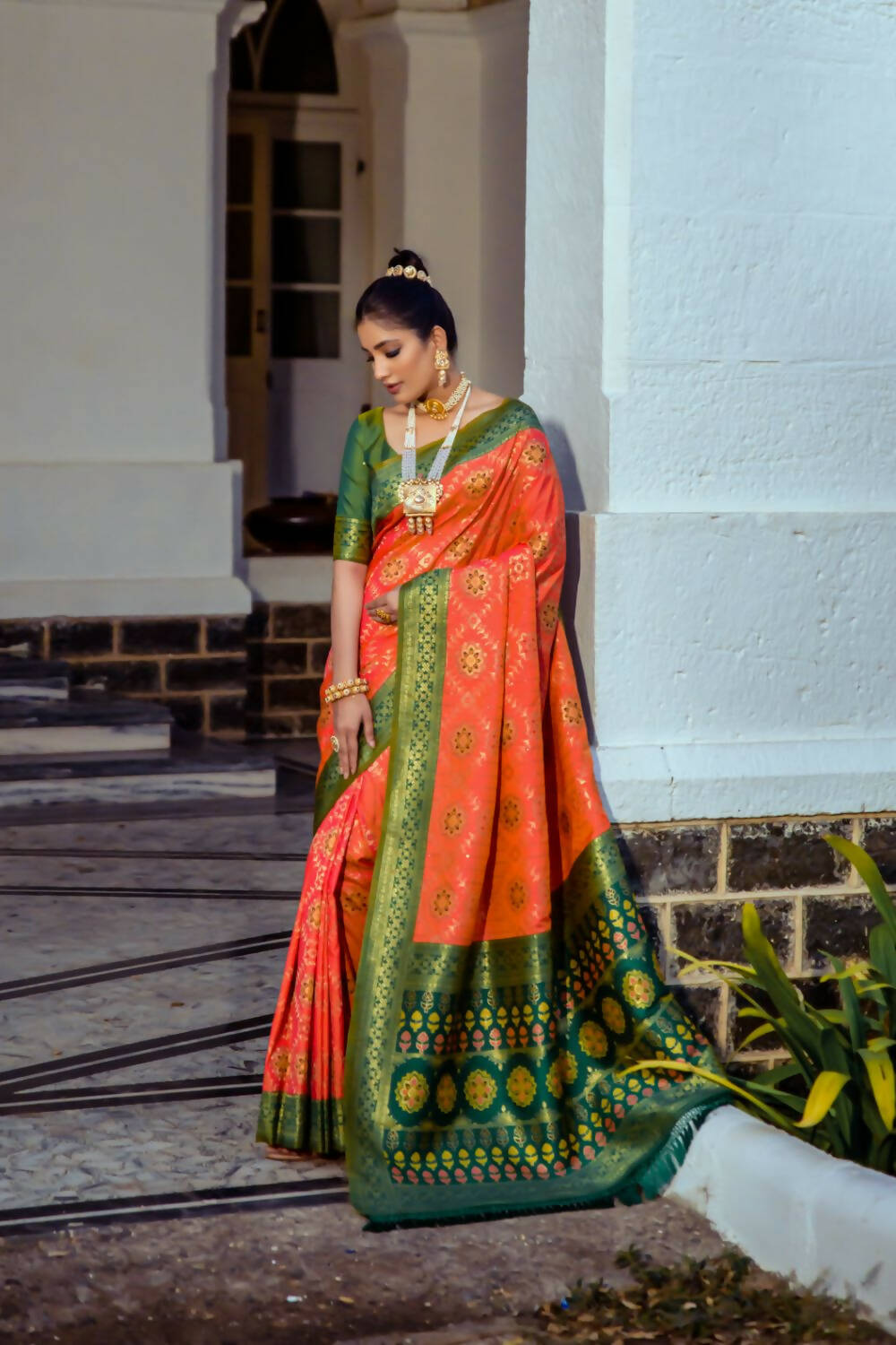 Vishnu Weaves Women's Orange Patola Banarasi Silk Meenakari Zari Woven Saree with Blouse - Swadesiicart
