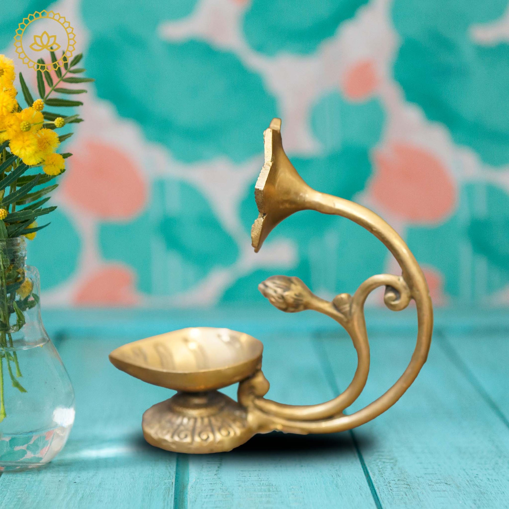 Brass Hibiscus Flower Diya with Leaf - Swadesiicart