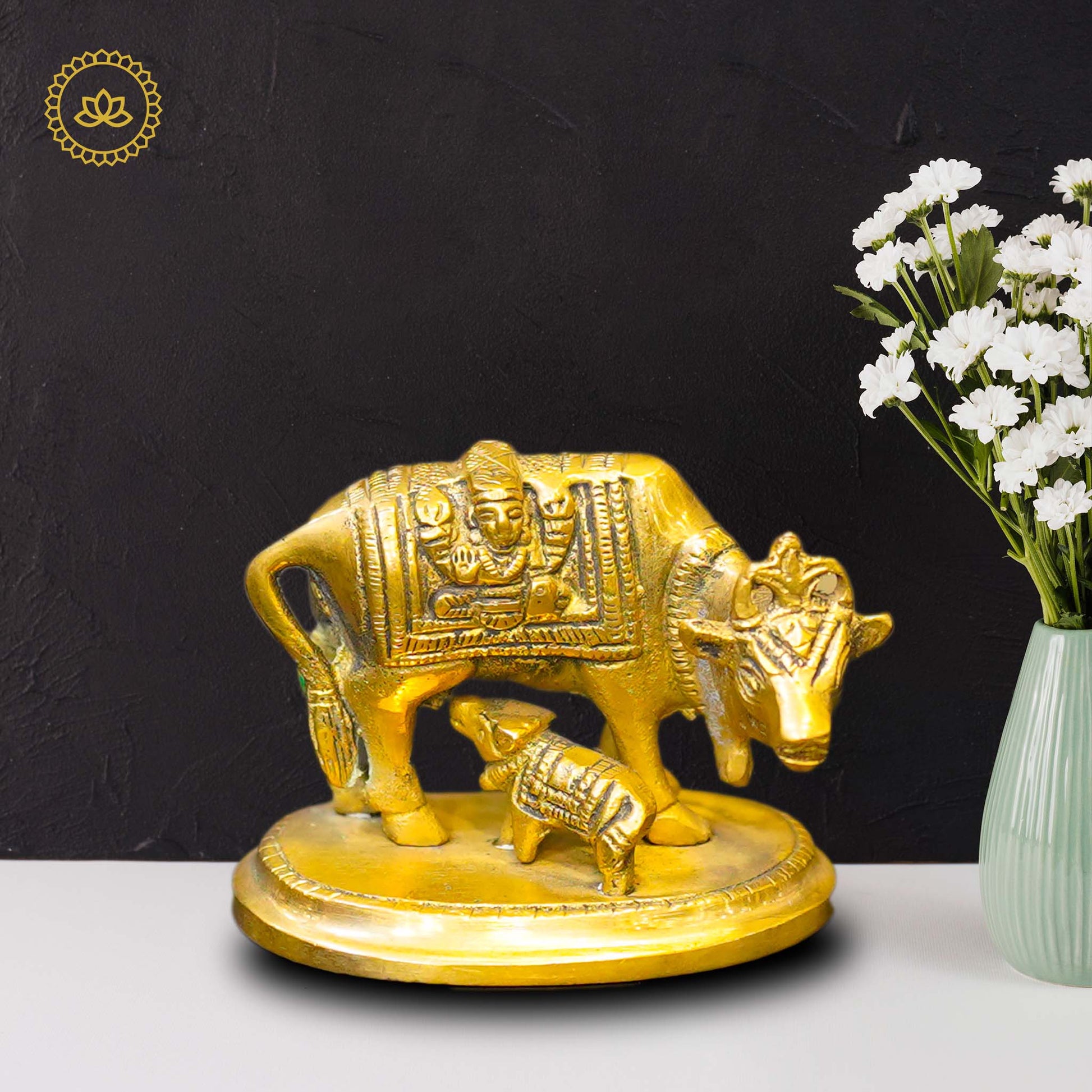 Brass Kamadenu with Calf Idol - Divine India Art