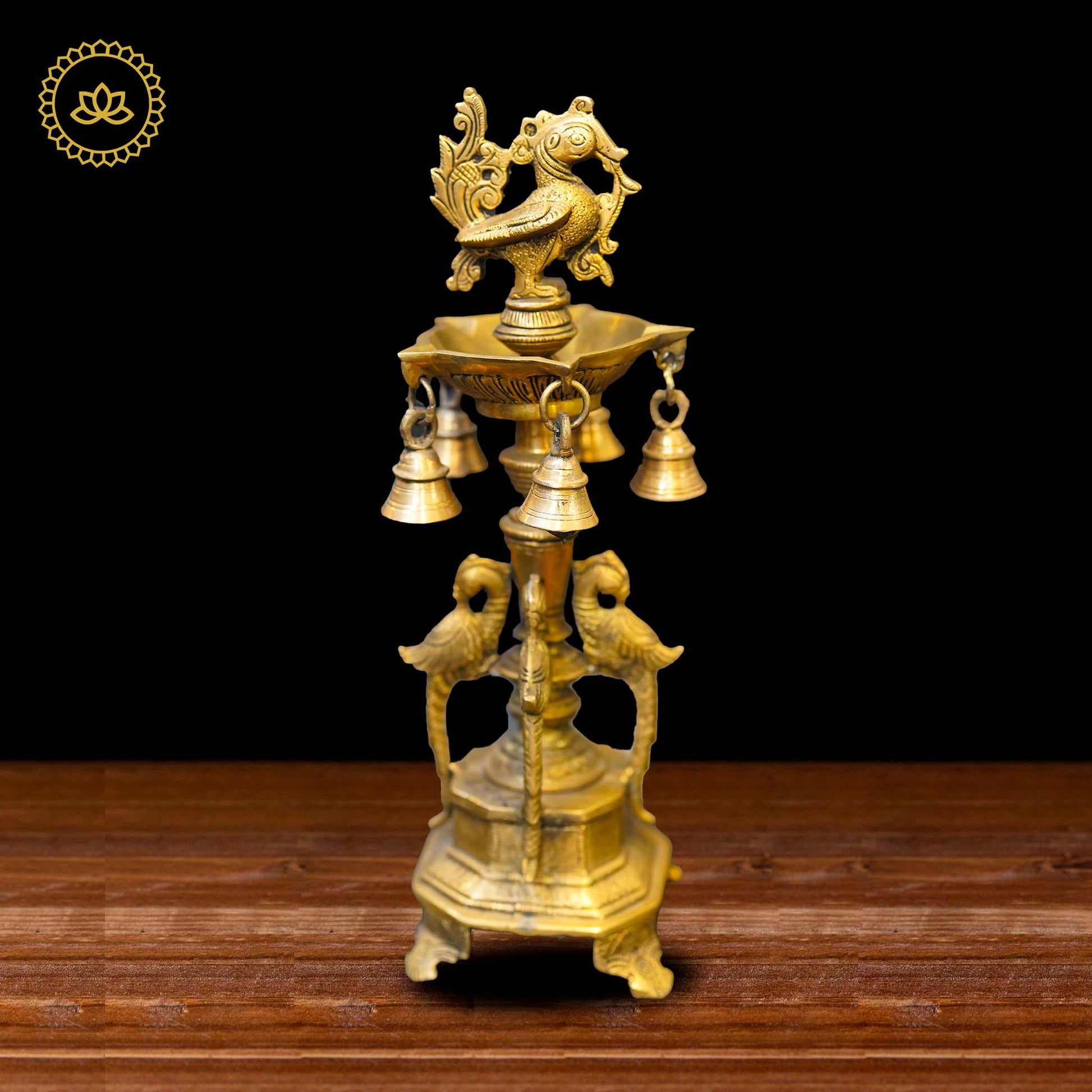 Brass Peacock Diya with Five Oil Wicks and Bells - Swadesiicart