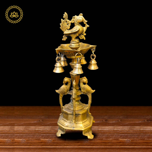 Brass Peacock Diya with Five Oil Wicks and Bells - Swadesiicart