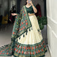 Lorenvalley Offwhite and Green Tussar Silk Patola Print Lehenga Choli | Swadesiicart