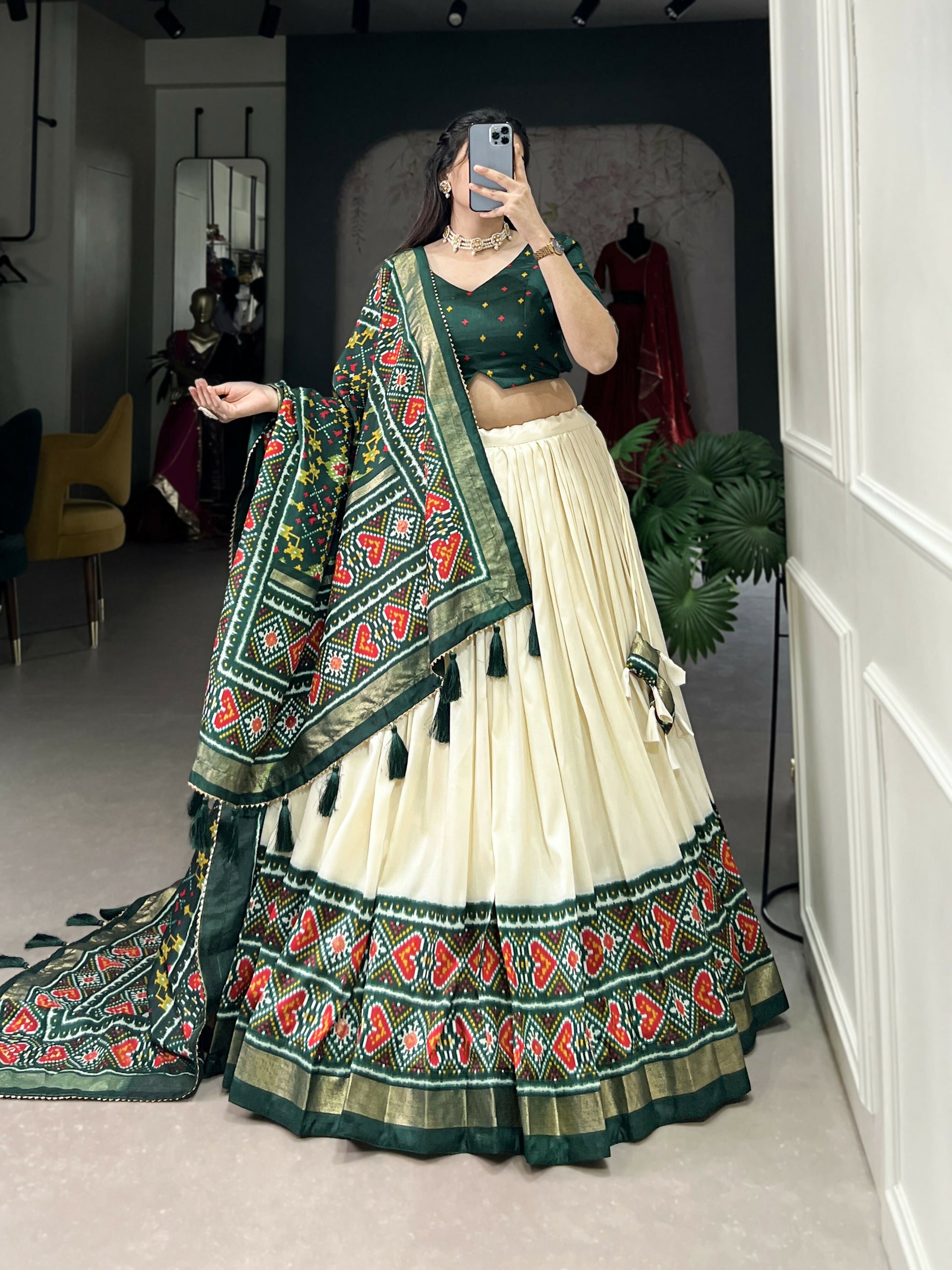 Lorenvalley Offwhite and Green Tussar Silk Patola Print Lehenga Choli | Swadesiicart