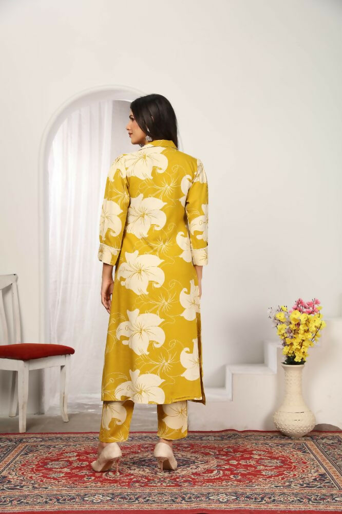 Jyoti Fashion Women's Mustard Rayon Floral Print with Side Pocket Kurtis & Sets | Swadesiicart