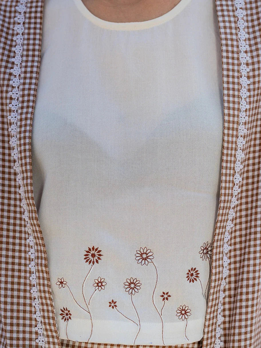Yufta Brown Cotton Checks Print Co Ord Set With Embroidery - Swadesiicart