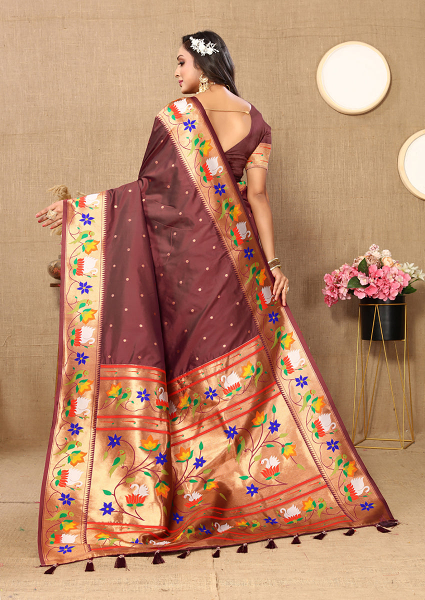 Lorenvalley Fashion Brown Soft Paithani Silk Woven Design Rich Zari Meenakari Weaving Saree - Swadesiicart