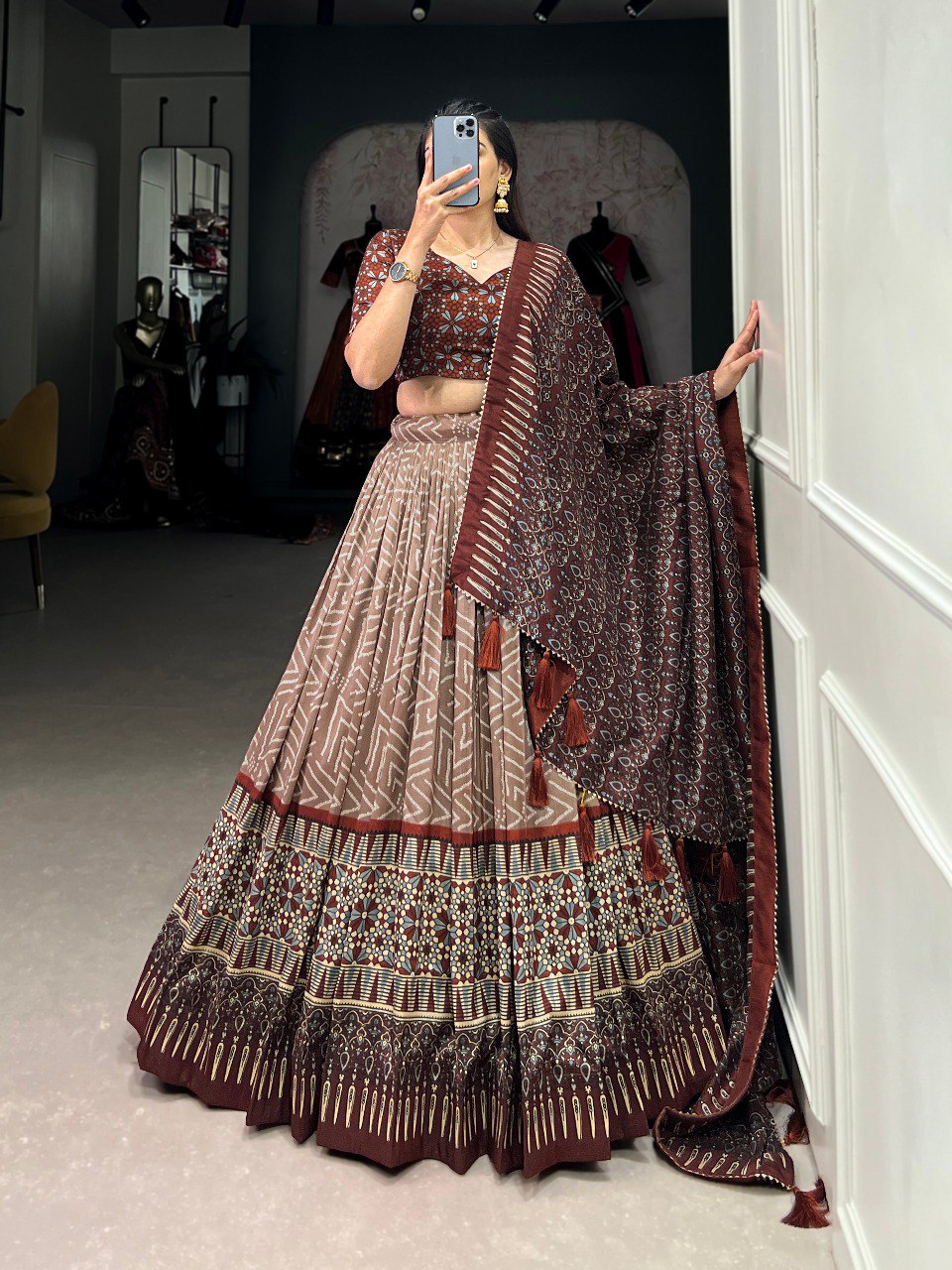 Lorenvalley Brown Tussar Silk Bandhej And Ajarakh Print Lehenga Choli with Dupatta | Swadesiicart