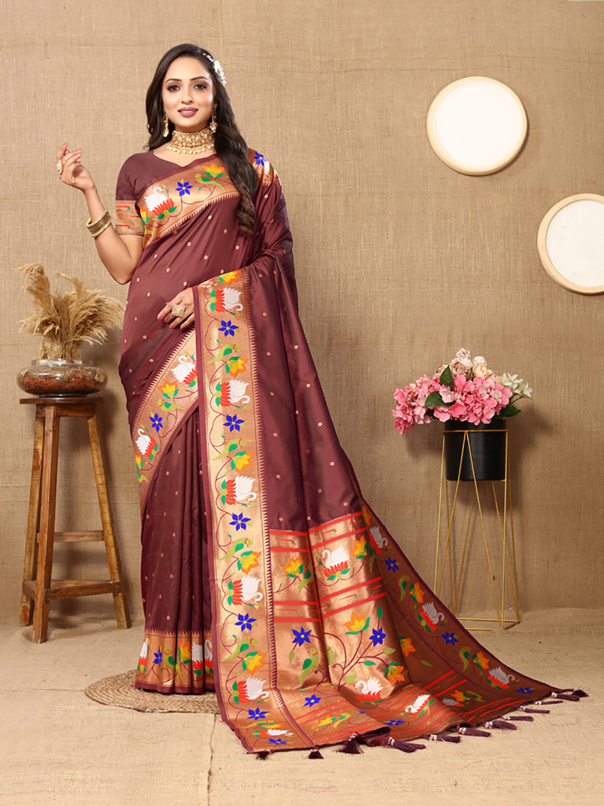 Lorenvalley Fashion Brown Soft Paithani Silk Woven Design Rich Zari Meenakari Weaving Saree - Swadesiicart