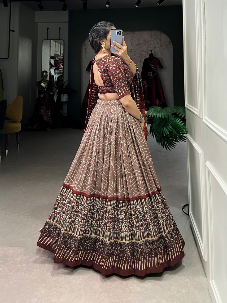 Lorenvalley Brown Tussar Silk Bandhej And Ajarakh Print Lehenga Choli with Dupatta | Swadesiicart