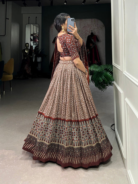 Lorenvalley Brown Tussar Silk Bandhej And Ajarakh Print Lehenga Choli with Dupatta | Swadesiicart