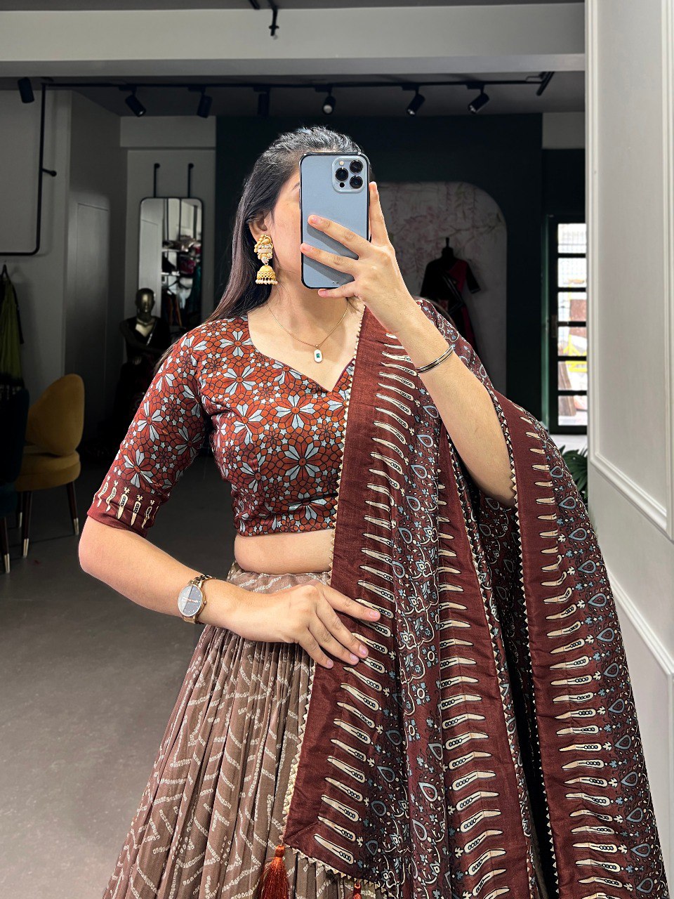 Lorenvalley Brown Tussar Silk Bandhej And Ajarakh Print Lehenga Choli with Dupatta | Swadesiicart