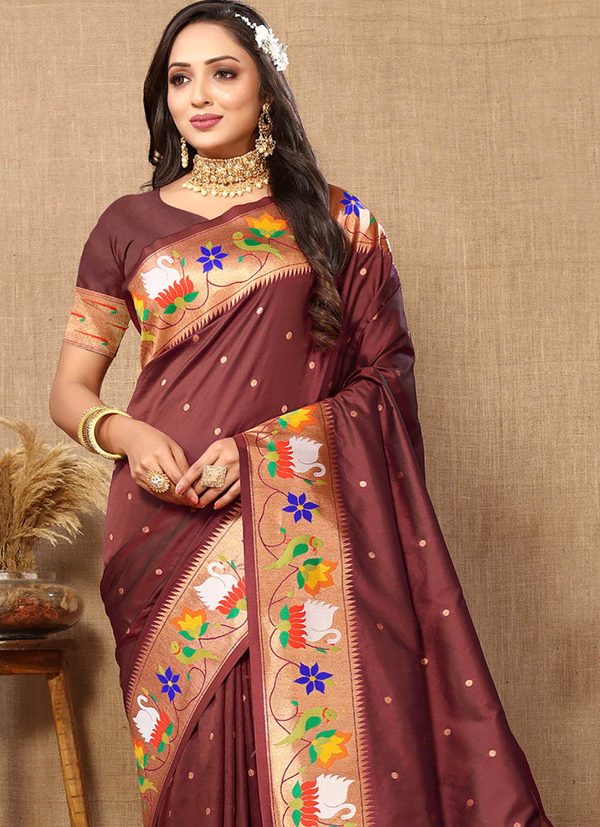 Lorenvalley Fashion Brown Soft Paithani Silk Woven Design Rich Zari Meenakari Weaving Saree - Swadesiicart