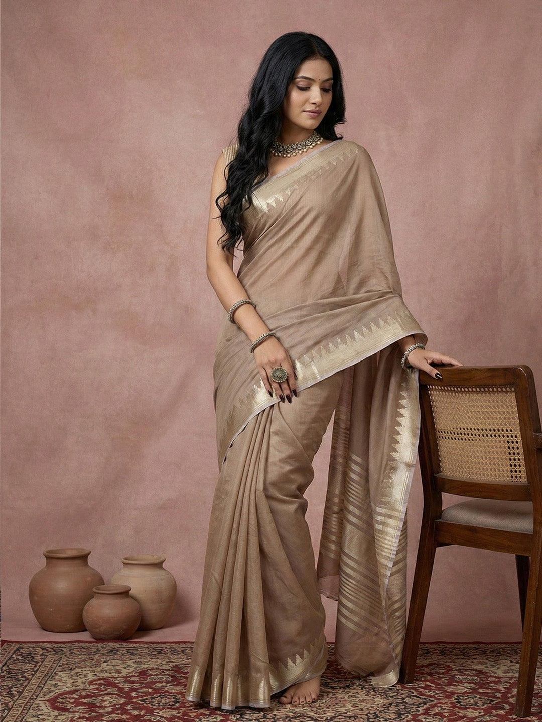 Anaita Brown Cotton Saree With Blouse