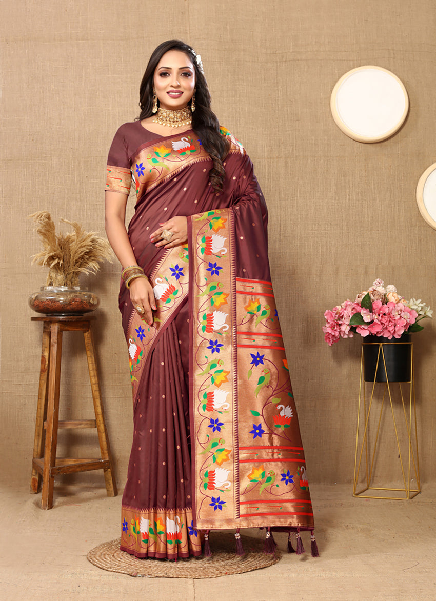 Lorenvalley Fashion Brown Soft Paithani Silk Woven Design Rich Zari Meenakari Weaving Saree - Swadesiicart