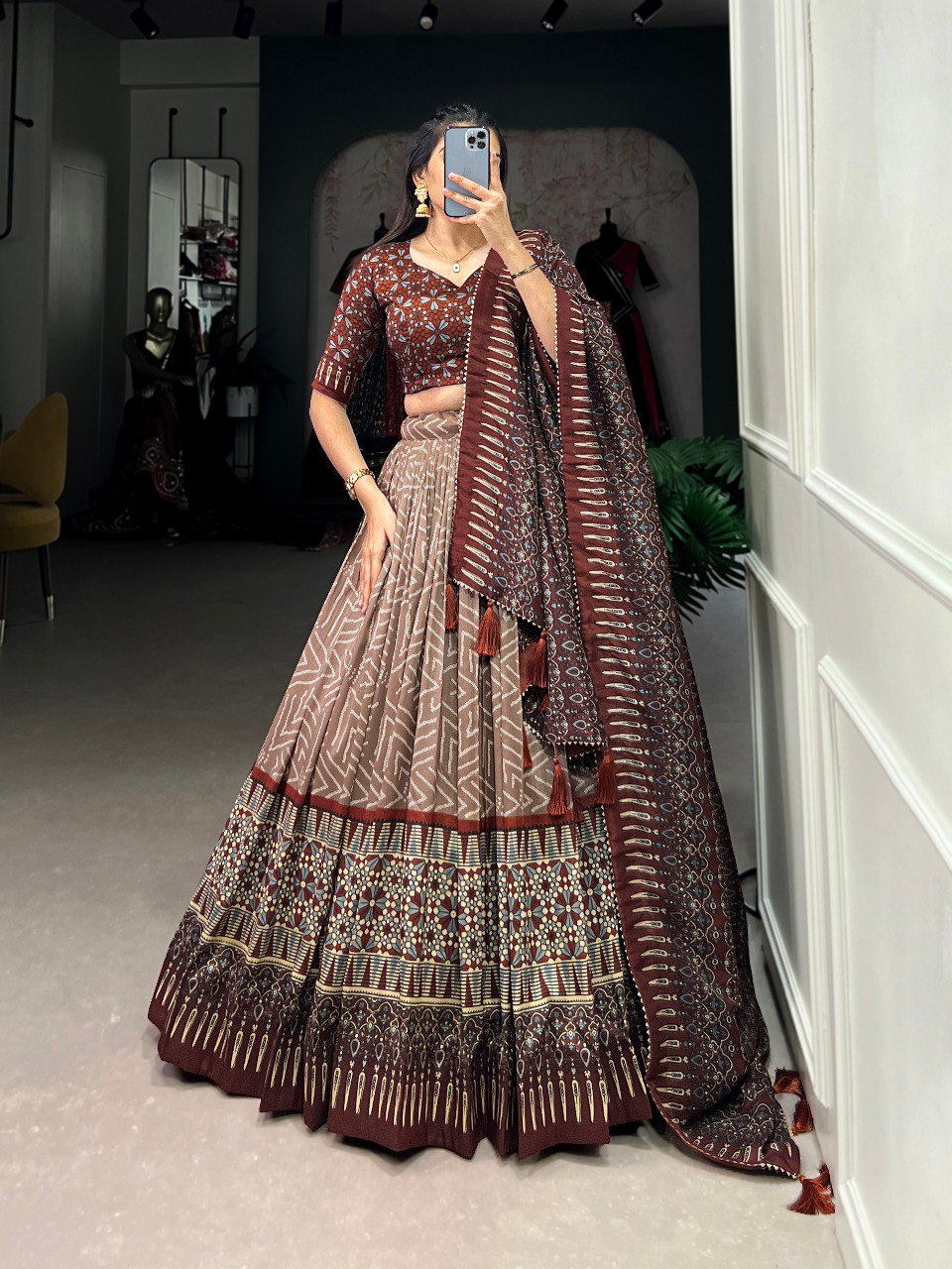 Lorenvalley Brown Tussar Silk Bandhej And Ajarakh Print Lehenga Choli with Dupatta | Swadesiicart