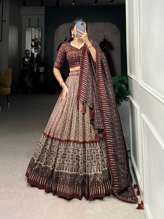 Lorenvalley Brown Tussar Silk Bandhej And Ajarakh Print Lehenga Choli with Dupatta | Swadesiicart