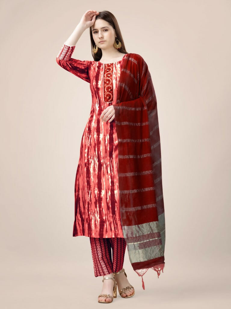 Jyoti Fashion Women's Orange Rayon Print with Embroidery & Fancy Lace Work Kurta with Trouser & Dupatta | Swadesiicart