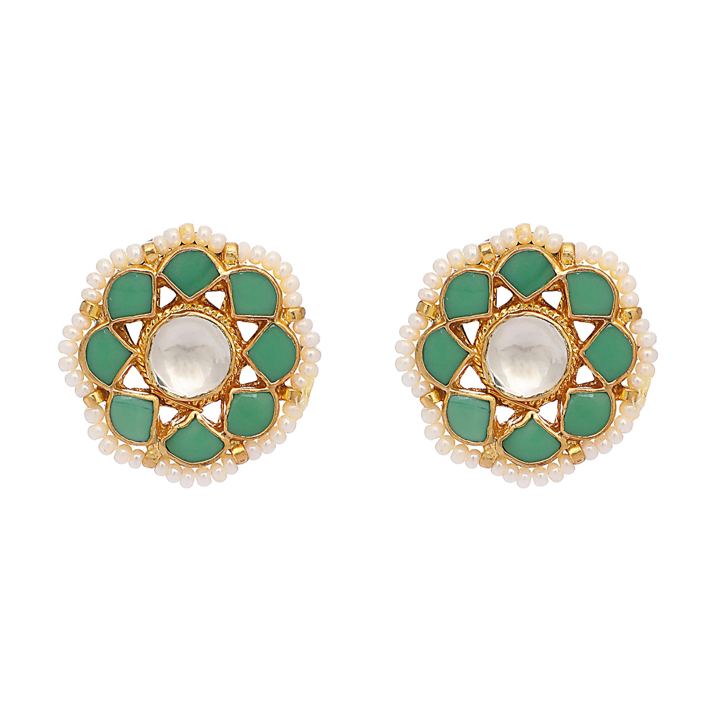 Nuyug 22K Gold-Plated Green Kundan Studded & Pearls Beaded Floral Shaped Studs | Swadesiicart