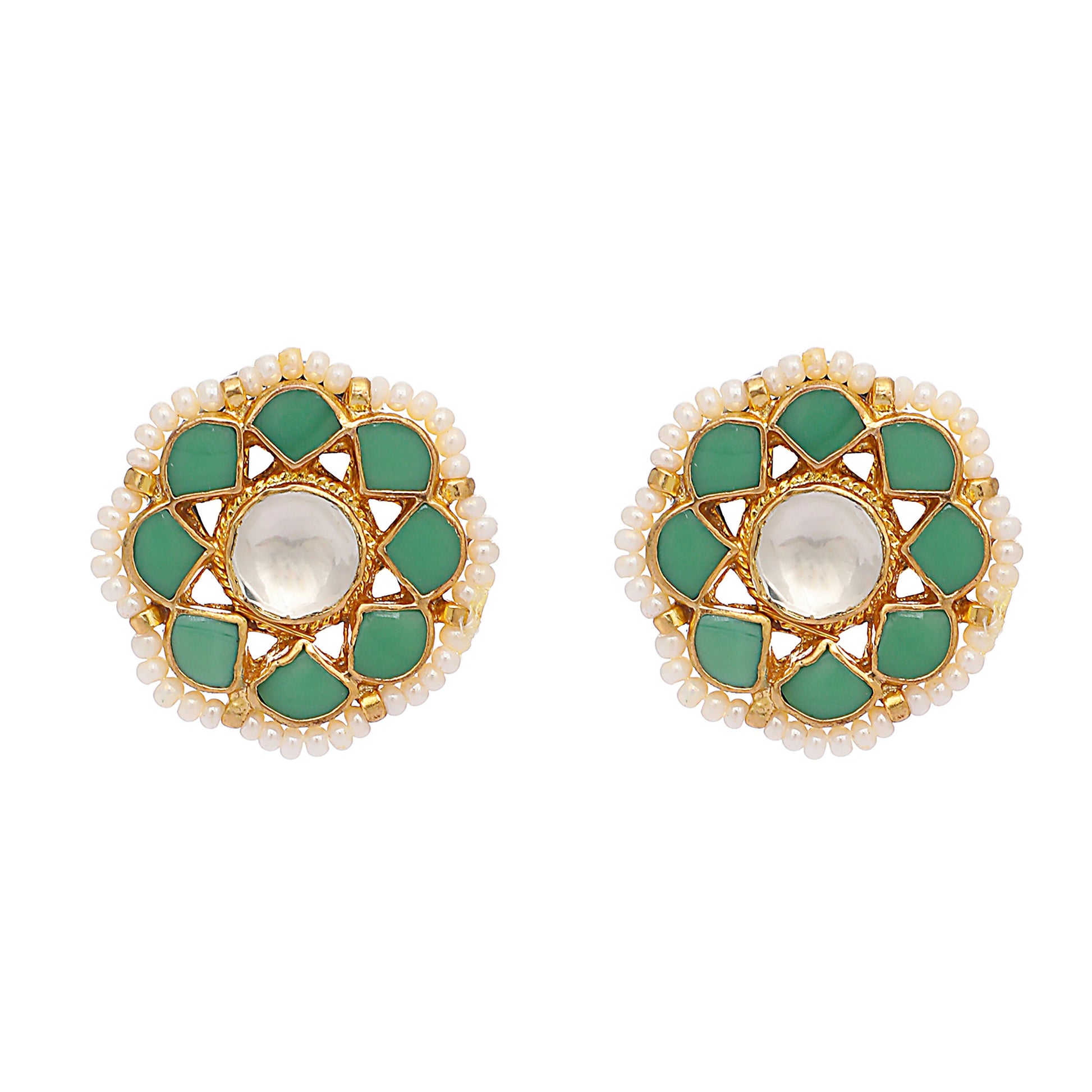 Nuyug 22K Gold-Plated Green Kundan Studded & Pearls Beaded Floral Shaped Studs | Swadesiicart