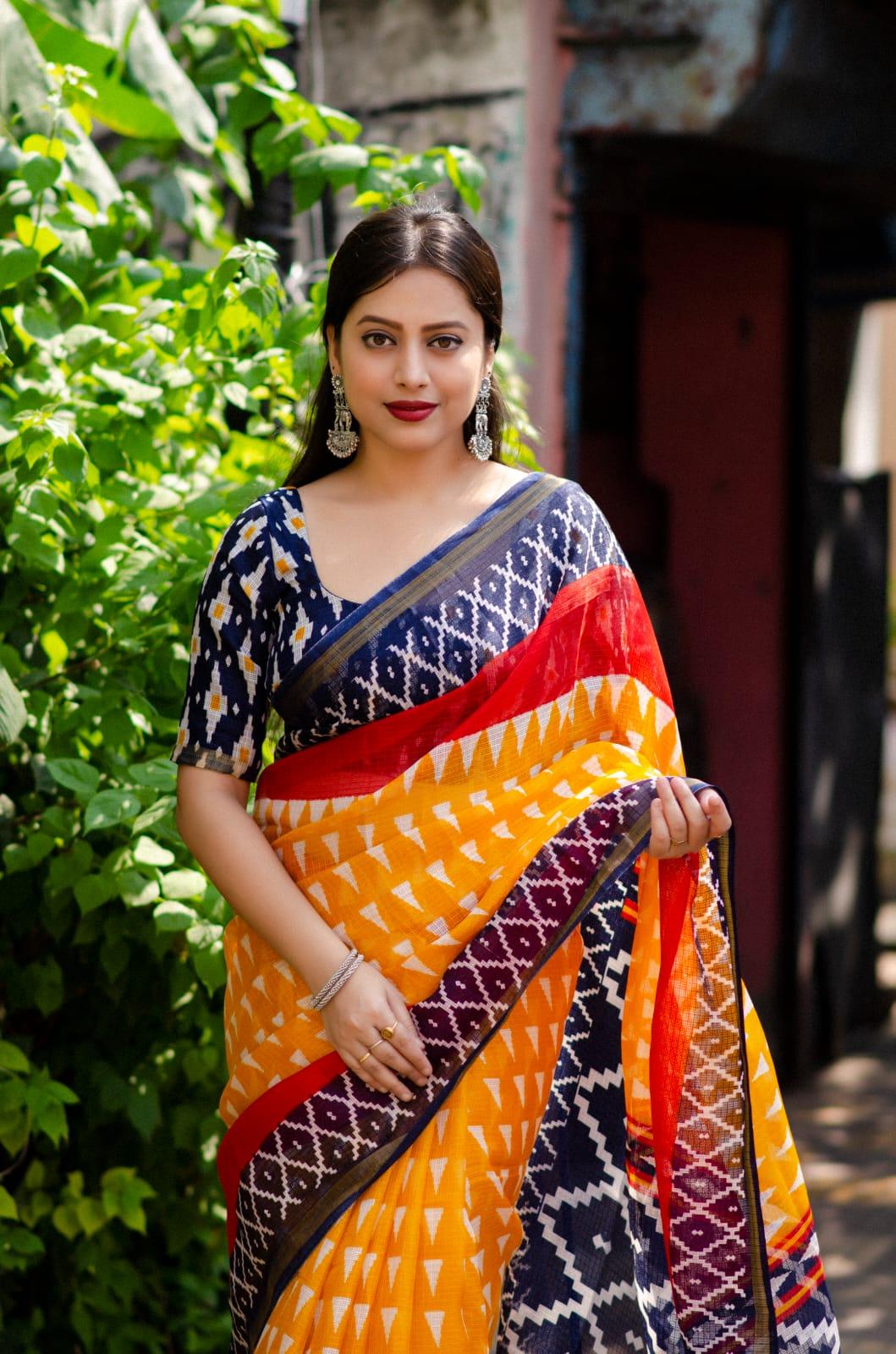 Yellow Polycotton Ethnic Motifs Saree with Unstitched Blouse - Hiral Fashion | Swadesiicart