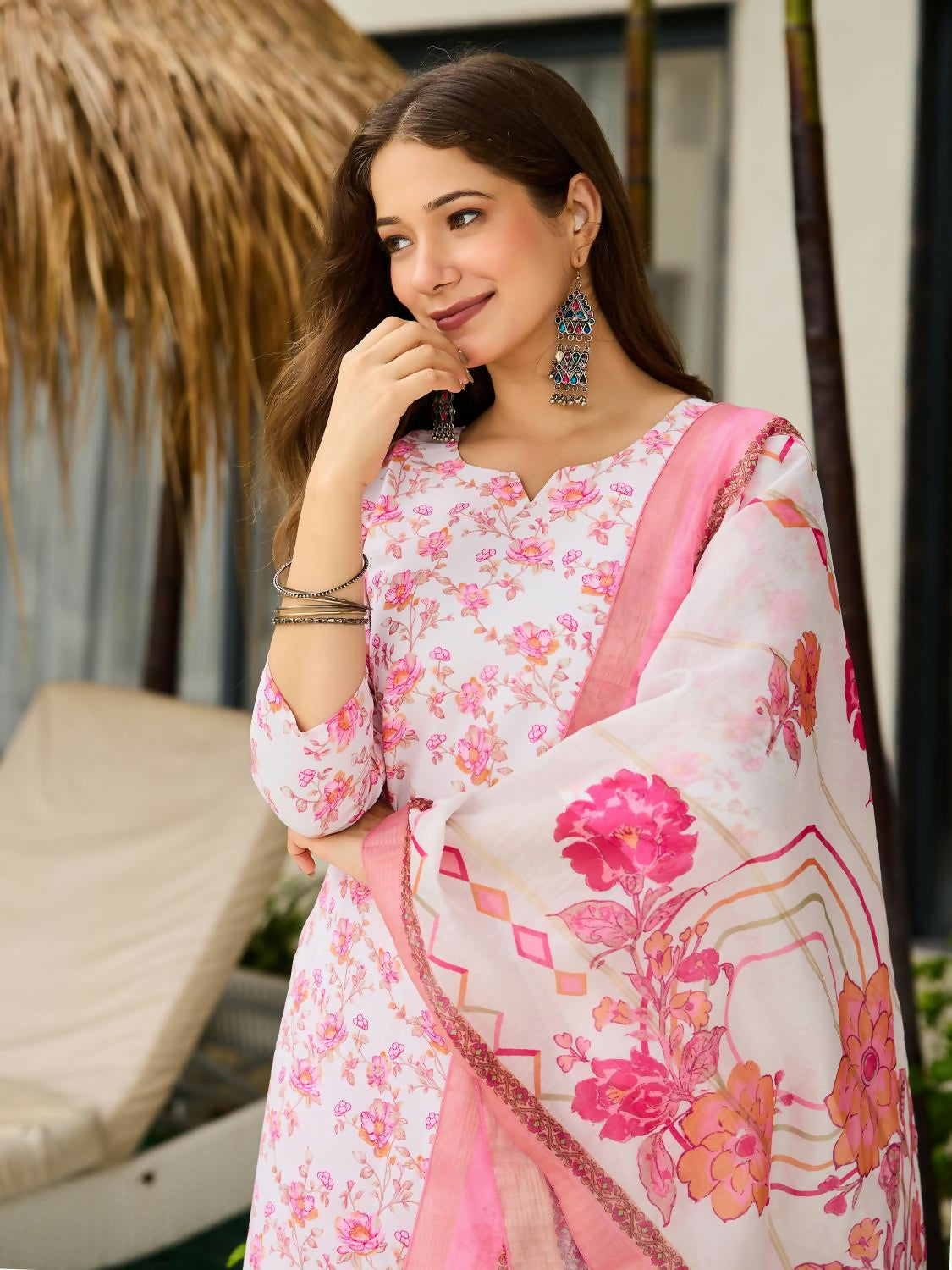 The52 Pink Women's Beautiful Printed Silk Blend Fabric with Straight Kurta, Pant and Dupatta Set - Swadesiicart