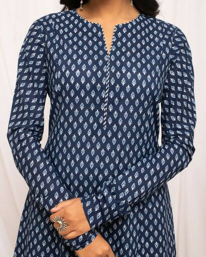 FIORRA Women's Floral Printed Navy Blue Cotton A-Line Kurta - Swadesiicart
