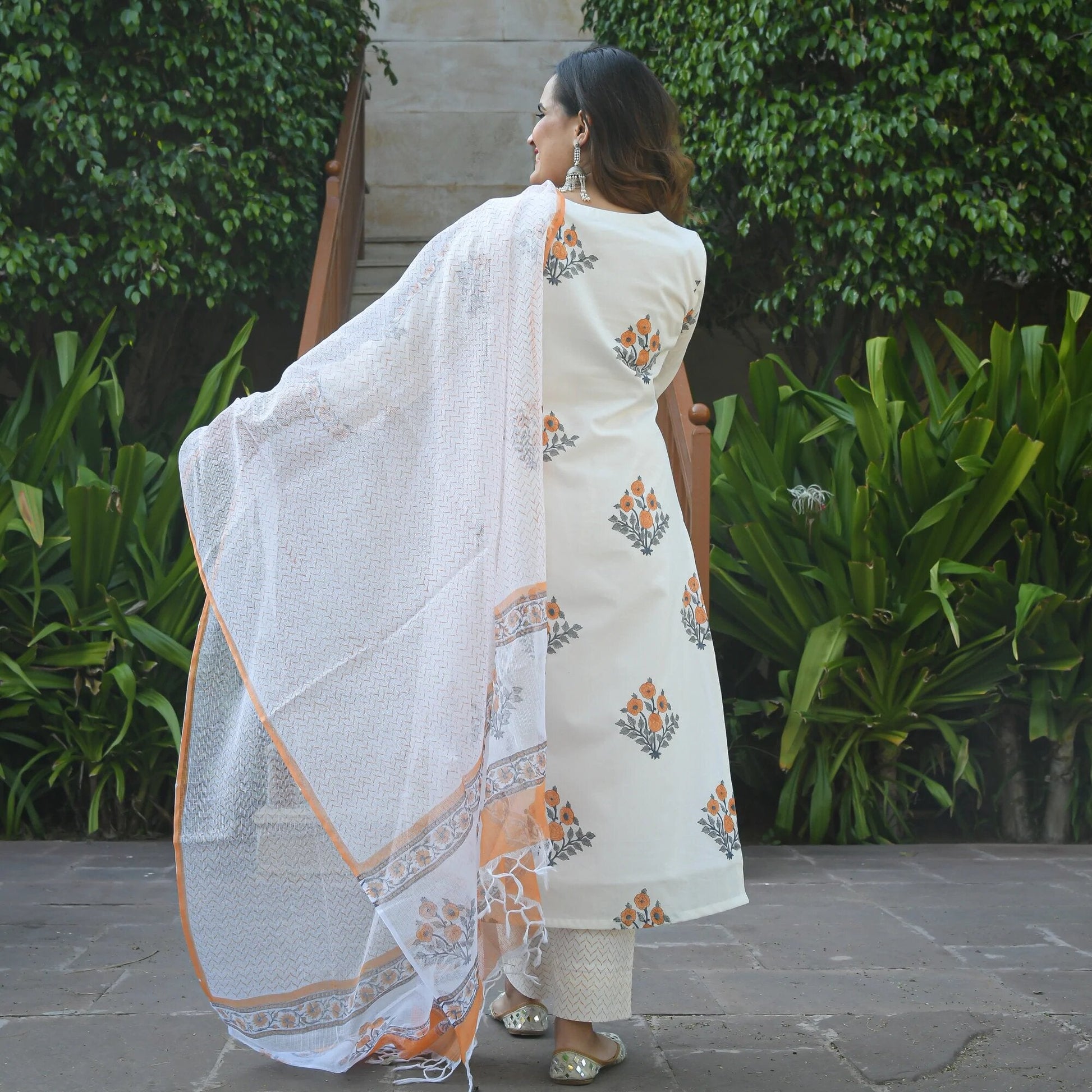 Indian Clothing Malishka Women White Cotton Floral Printed Kurta Pant & Dupatta Set - White - Swadesiicart