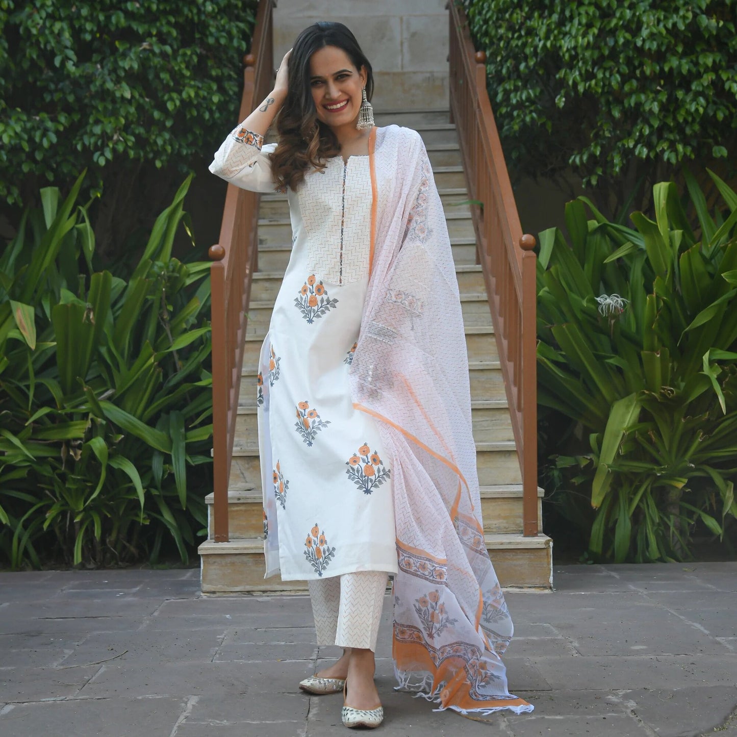 Indian Clothing Malishka Women White Cotton Floral Printed Kurta Pant & Dupatta Set - White - Swadesiicart