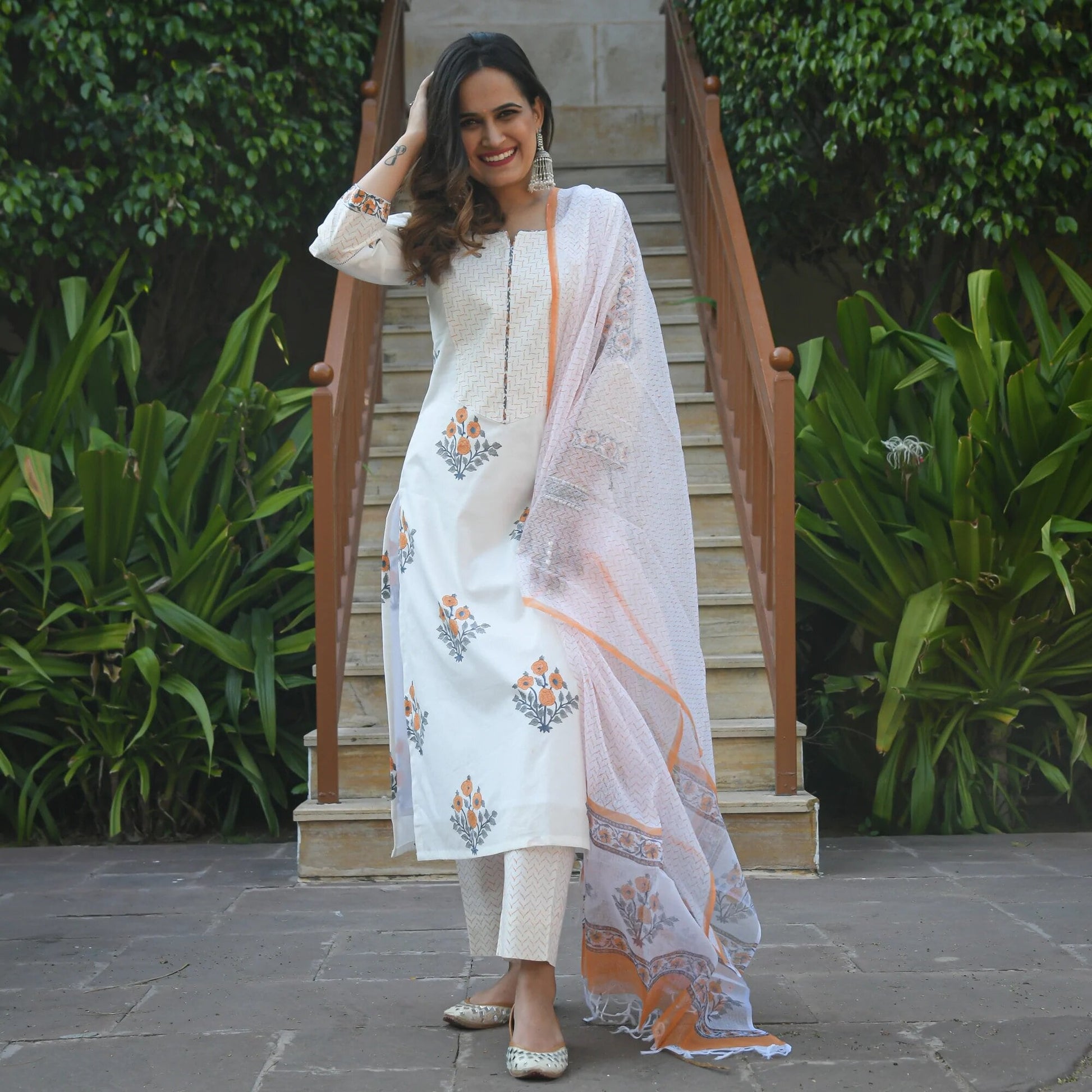 Indian Clothing Malishka Women White Cotton Floral Printed Kurta Pant & Dupatta Set - White - Swadesiicart