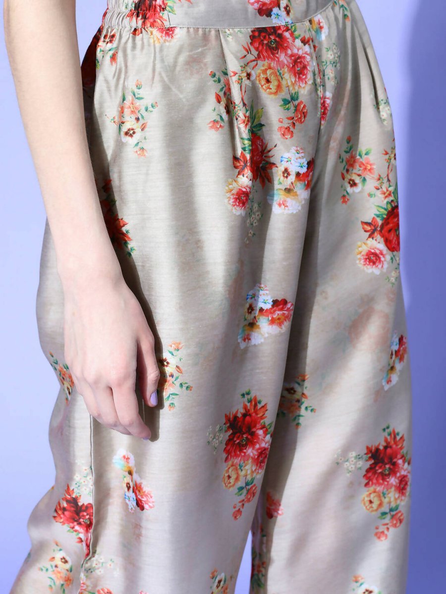 Ahalyaa Women Beige Colour Chanderi Digital Printed Kurta Palazzo Set | Swadesiicart