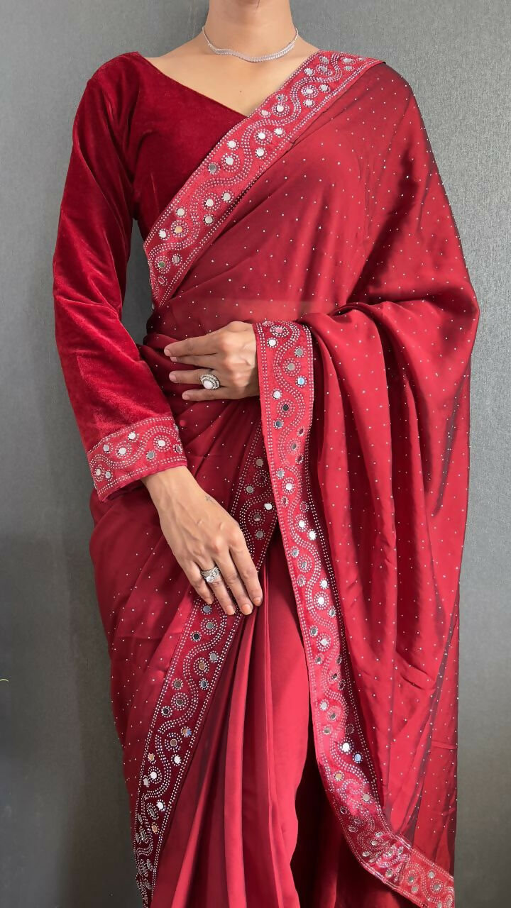 Vastranavya Red Rangoli Silk Real Mirror work with Swarovski work Ready to Wear Saree | Swadesiicart