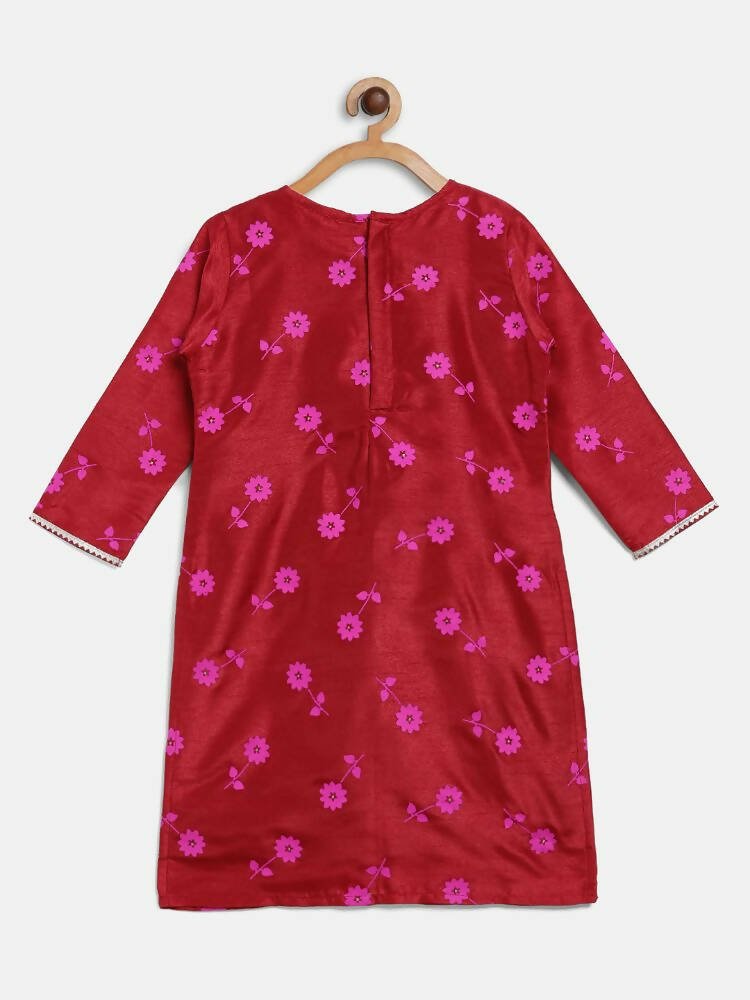 Ahalyaa Red Poly Silk Straight Printed Kids Kurta Palazzo Set For Girls | Swadesiicart