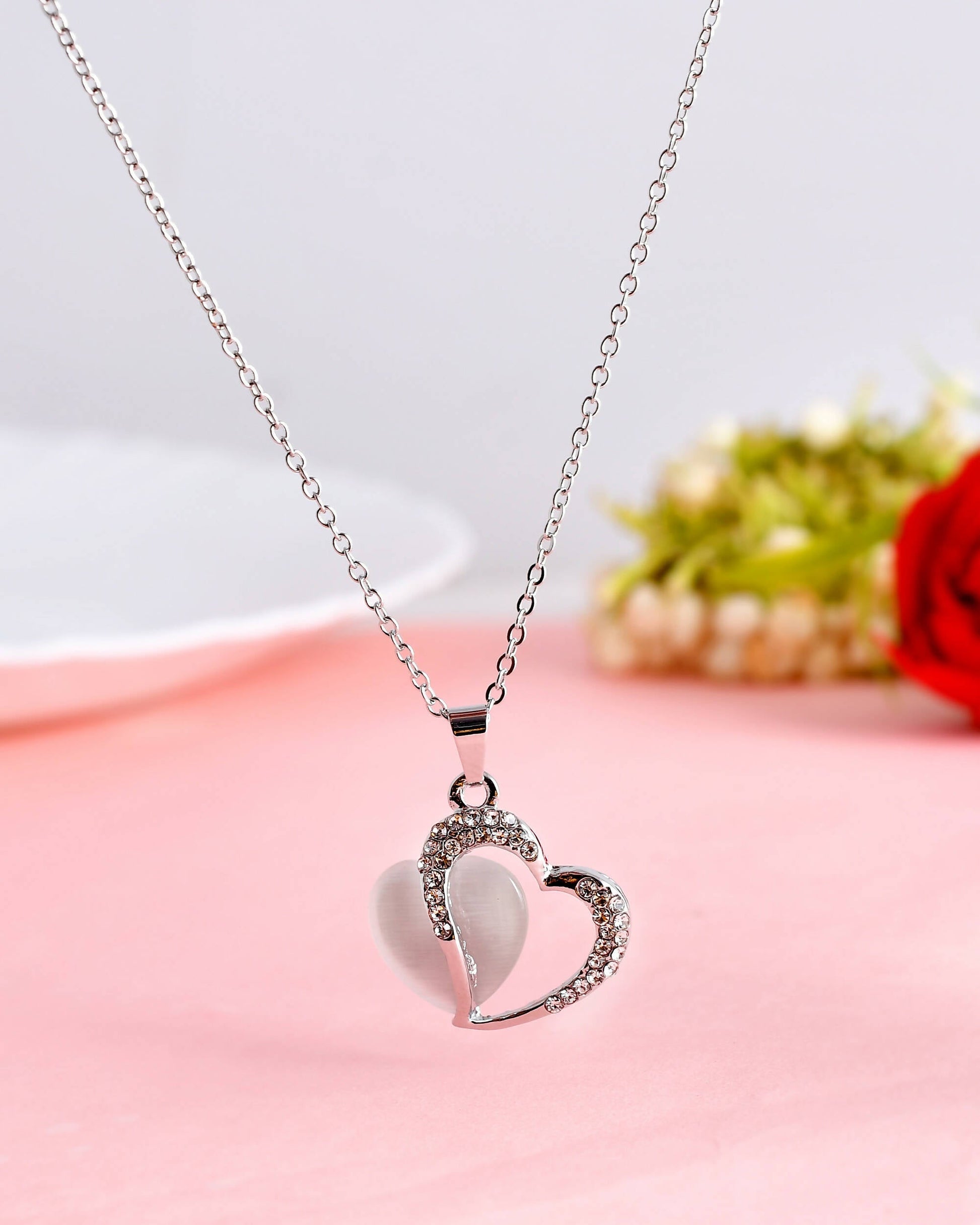 VOJ Women Stainless Steel Sliver-Plated Beads Chain with Double Heart-Shape Pendant - Swadesiicart