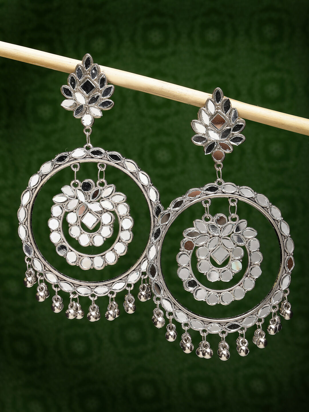 NVR Women's Silver-Toned Mirror Work Oxidised Contemporary Drop Earrings | Swadesiicart