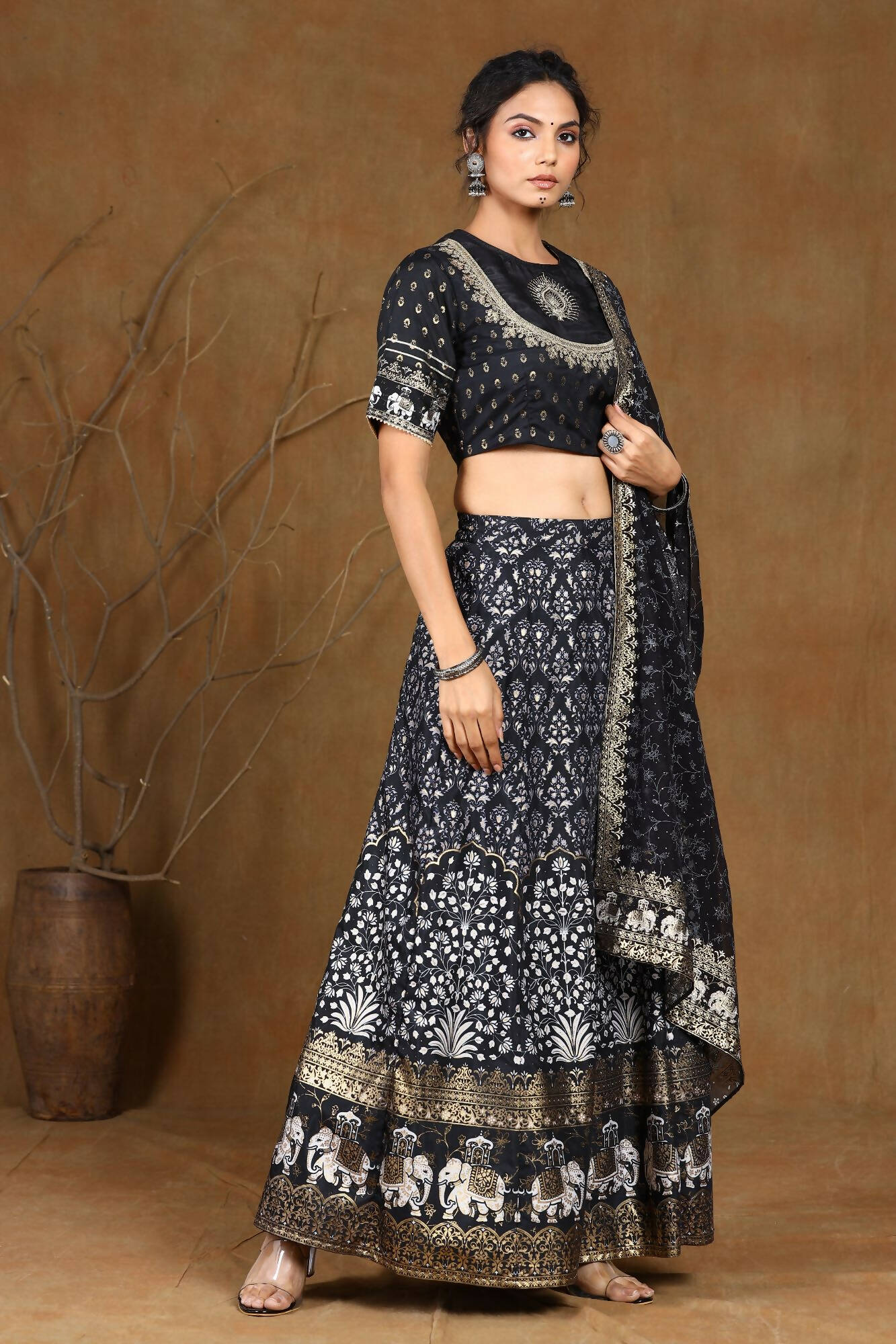 Juniper Women Black Shantoon Embroidered Flared Lehenga Choli Sets | Swadesiicart